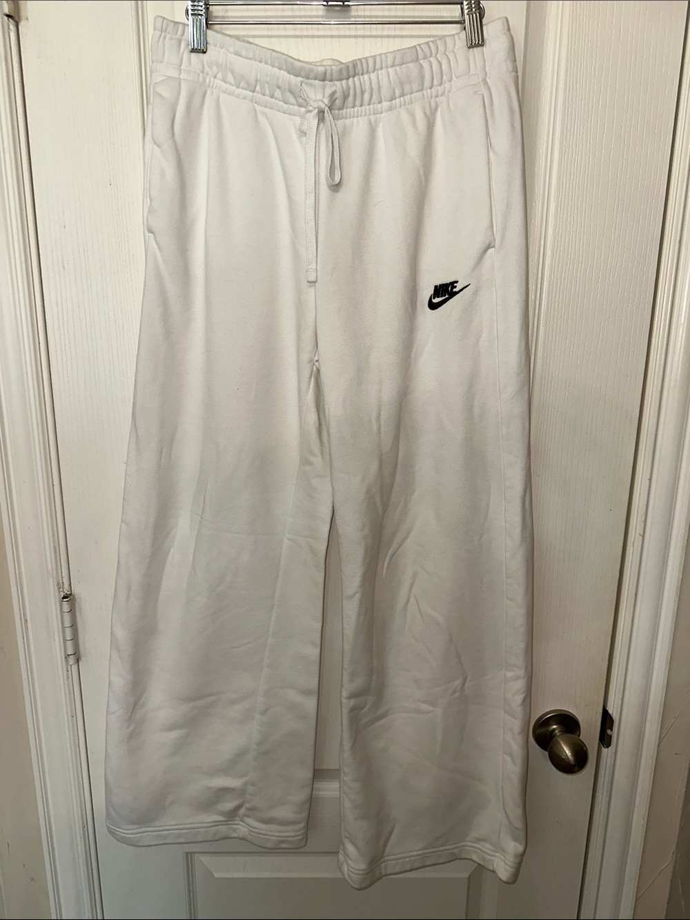 Nike White Wide-Leg Fleece Joggers with Black Swoosh